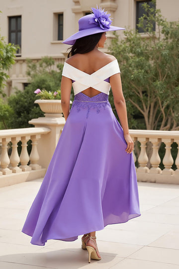 Purple Chiffon A Line High-Low Off the Shoulder Mother of the Bride Dress